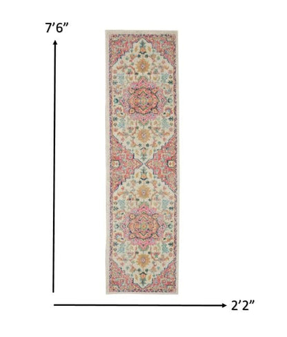 2’ X 8’ Ivory And Pink Medallion Scatter Rug
