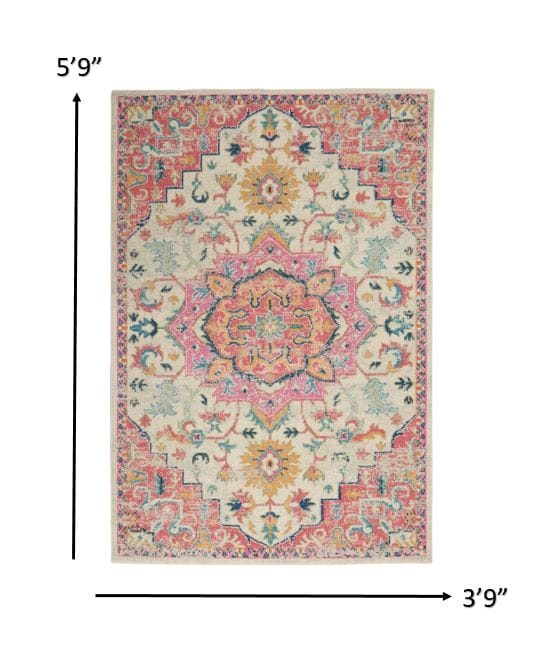 2’ X 3’ Ivory And Pink Medallion Scatter Rug