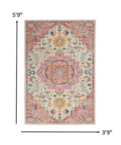 2’ X 3’ Ivory And Pink Medallion Scatter Rug