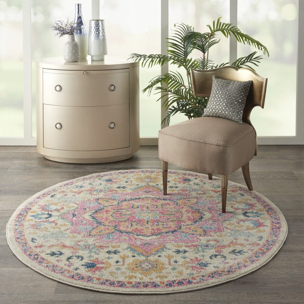 2’ X 3’ Ivory And Pink Medallion Scatter Rug