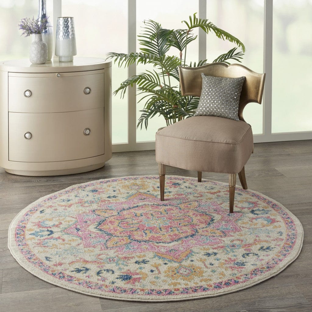 2’ X 3’ Ivory And Pink Medallion Scatter Rug