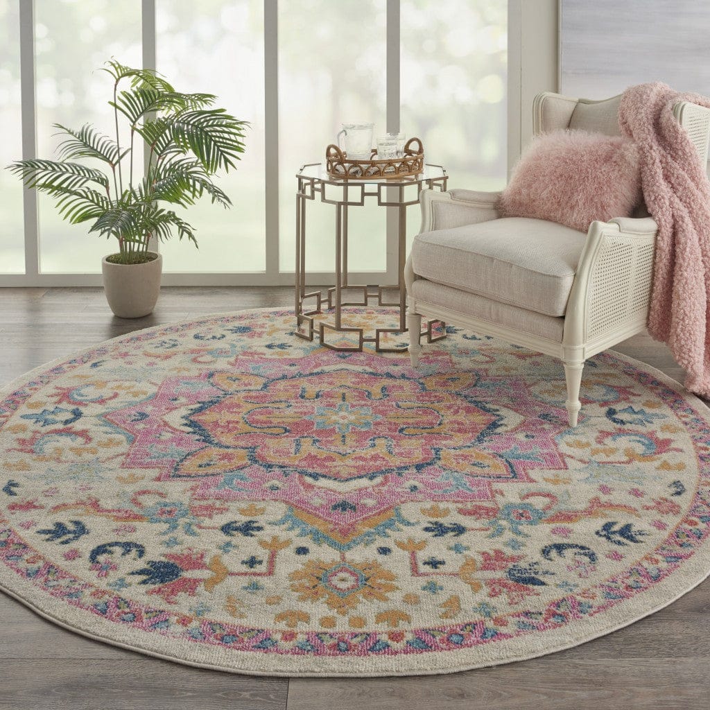 2’ X 3’ Ivory And Pink Medallion Scatter Rug