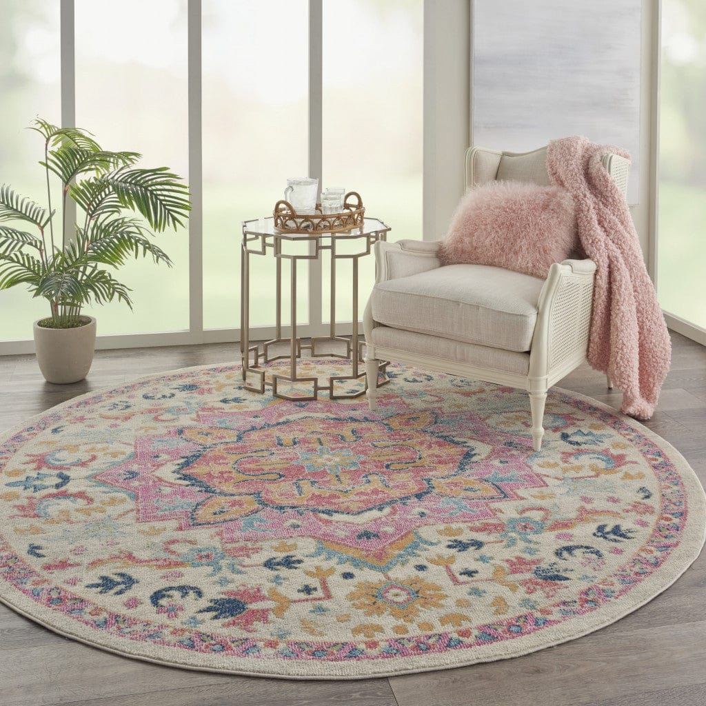 2’ X 3’ Ivory And Pink Medallion Scatter Rug
