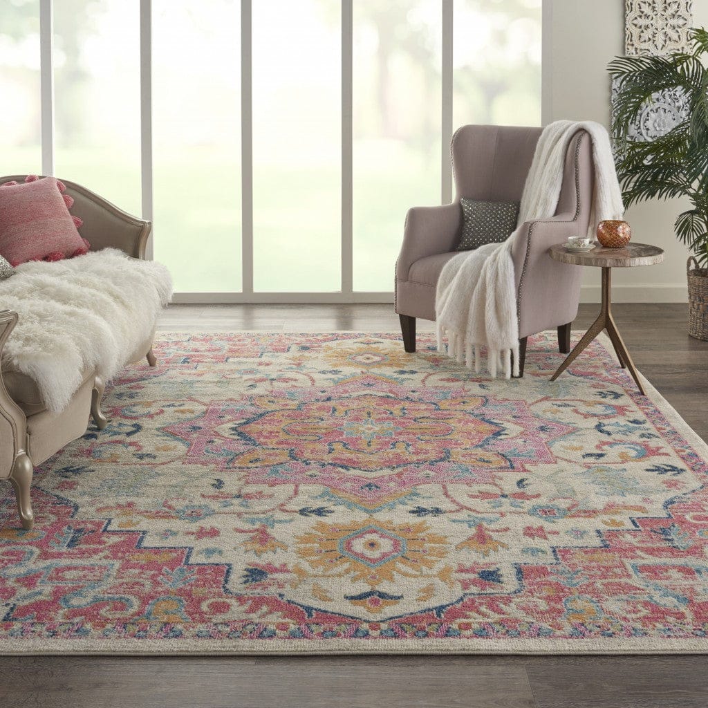 2’ X 3’ Ivory And Pink Medallion Scatter Rug