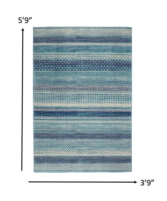 4’ X 6’ Navy Blue Ornate Stripes Area Rug