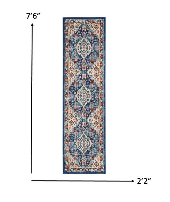 2’ X 8’ Blue And Ivory Medallion Runner Rug