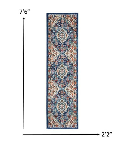 2’ X 8’ Blue And Ivory Medallion Runner Rug