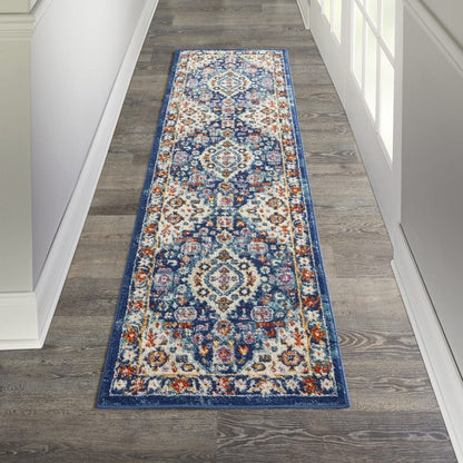 2’ X 8’ Blue And Ivory Medallion Runner Rug