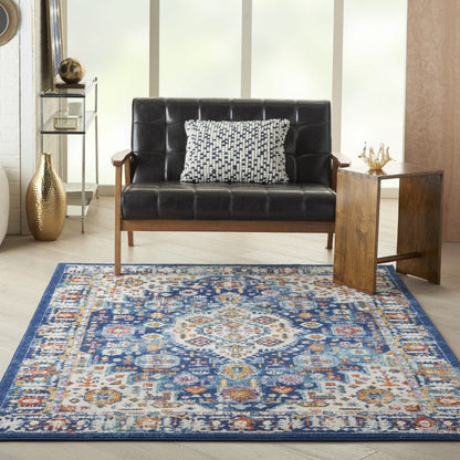 2’ X 8’ Blue And Ivory Medallion Runner Rug
