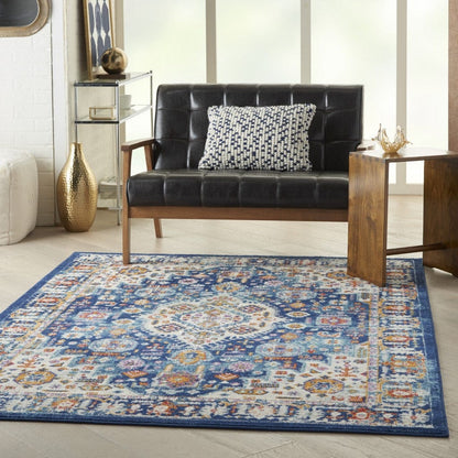 2’ X 8’ Blue And Ivory Medallion Runner Rug