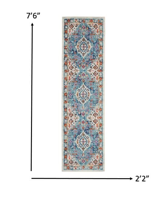 2’ X 8’ Ivory And Blue Floral Motifs Runner Rug