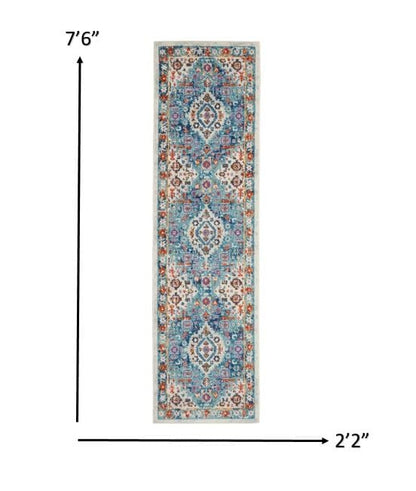 2’ X 8’ Ivory And Blue Floral Motifs Runner Rug