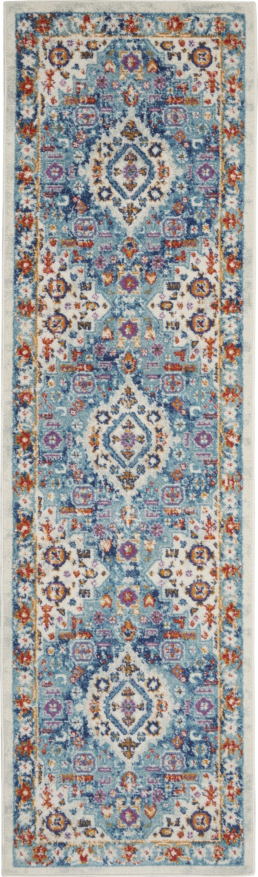 2’ X 8’ Ivory And Blue Floral Motifs Runner Rug