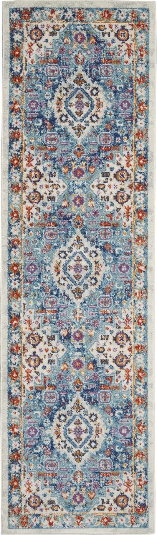 2’ X 8’ Ivory And Blue Floral Motifs Runner Rug