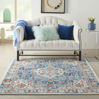 2’ X 8’ Ivory And Blue Floral Motifs Runner Rug