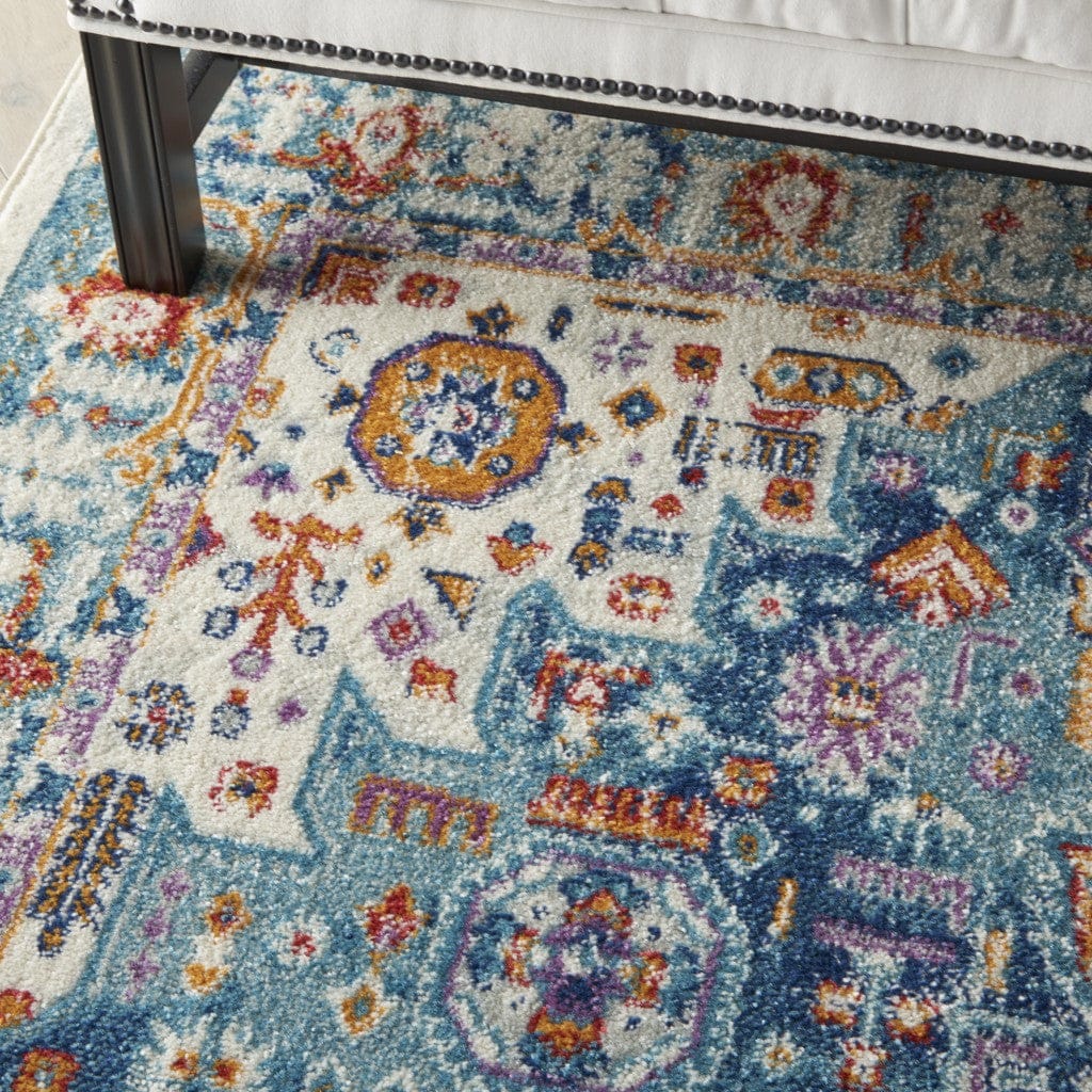 2’ X 8’ Ivory And Blue Floral Motifs Runner Rug