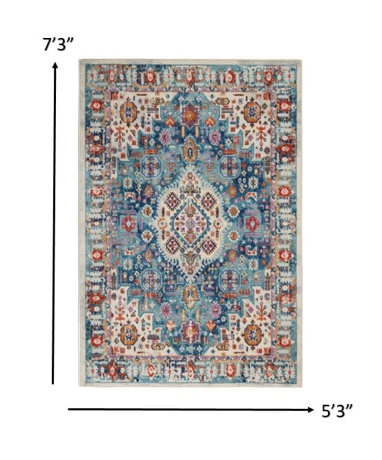 2’ X 8’ Ivory And Blue Floral Motifs Runner Rug