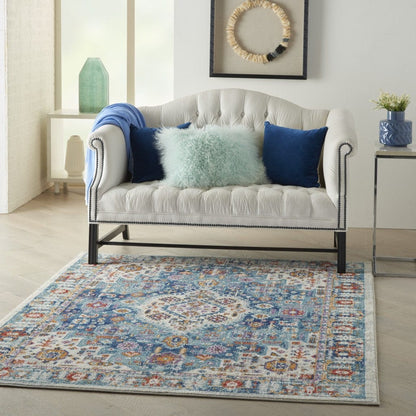 2’ X 8’ Ivory And Blue Floral Motifs Runner Rug