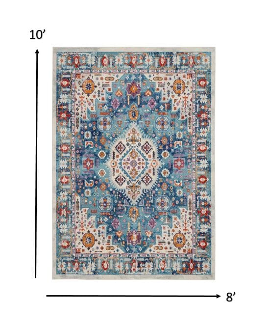 2’ X 8’ Ivory And Blue Floral Motifs Runner Rug
