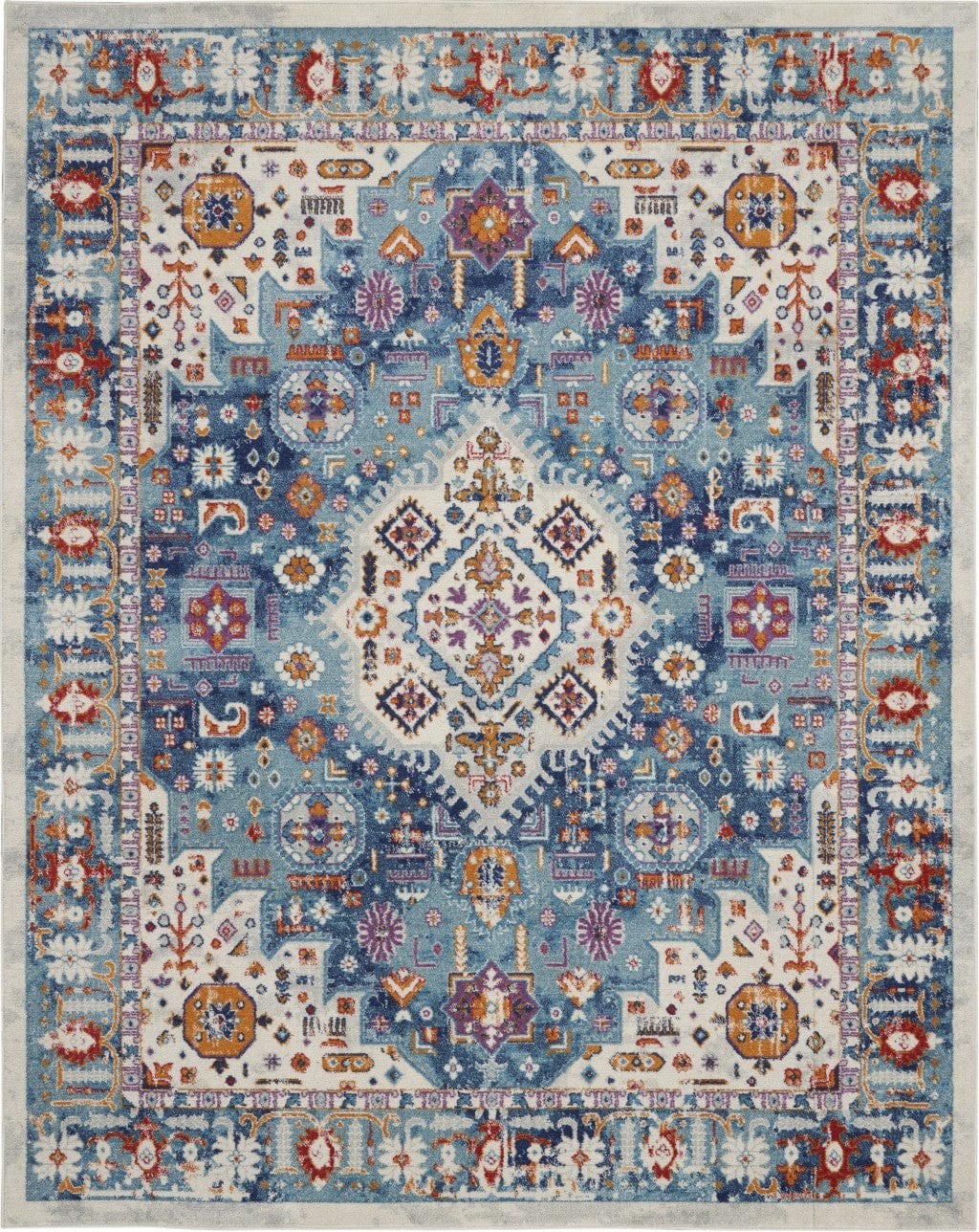 2’ X 8’ Ivory And Blue Floral Motifs Runner Rug