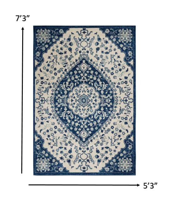 4’ X 6’ Ivory And Blue Medallion Area Rug