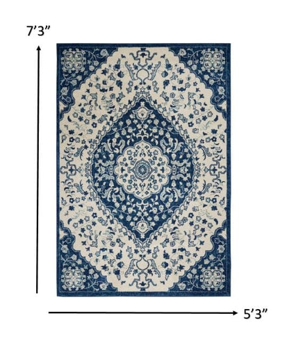 4’ X 6’ Ivory And Blue Medallion Area Rug
