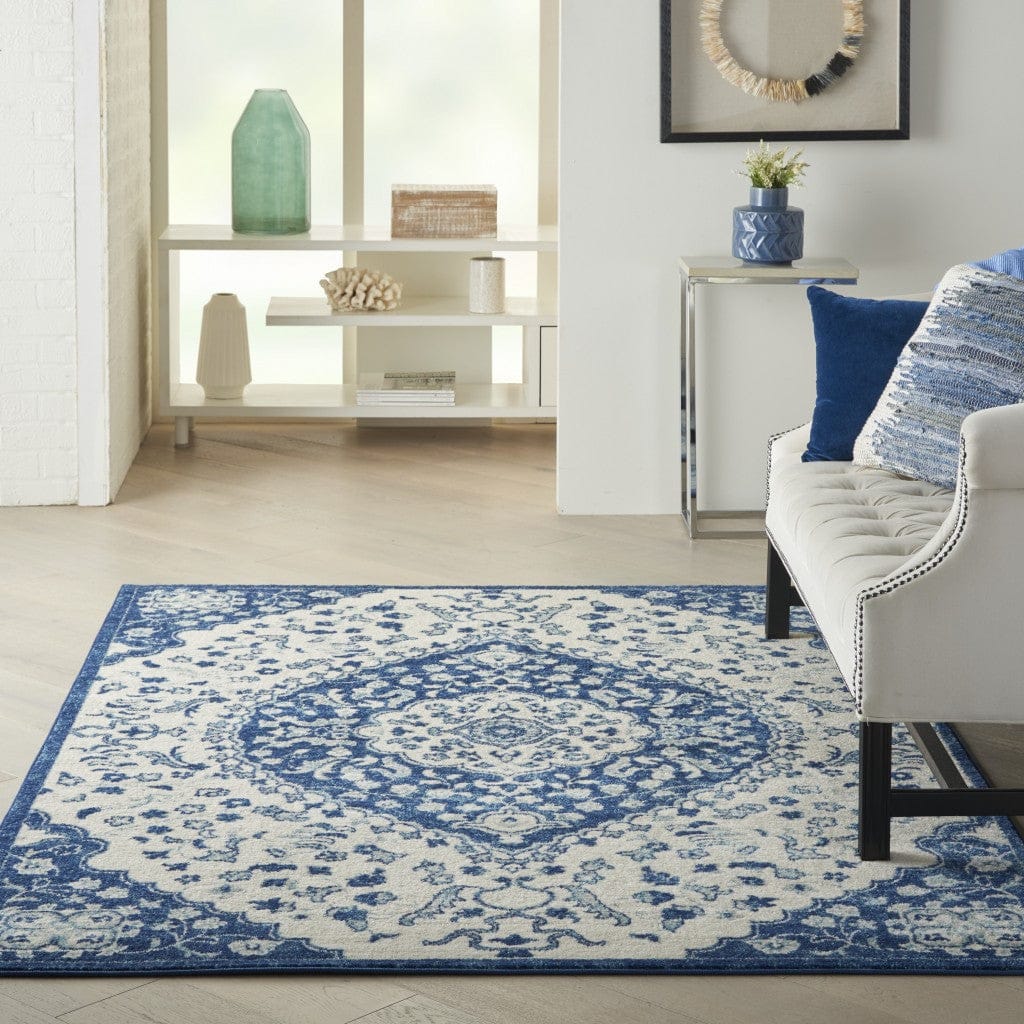 4’ X 6’ Ivory And Blue Medallion Area Rug