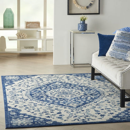 4’ X 6’ Ivory And Blue Medallion Area Rug