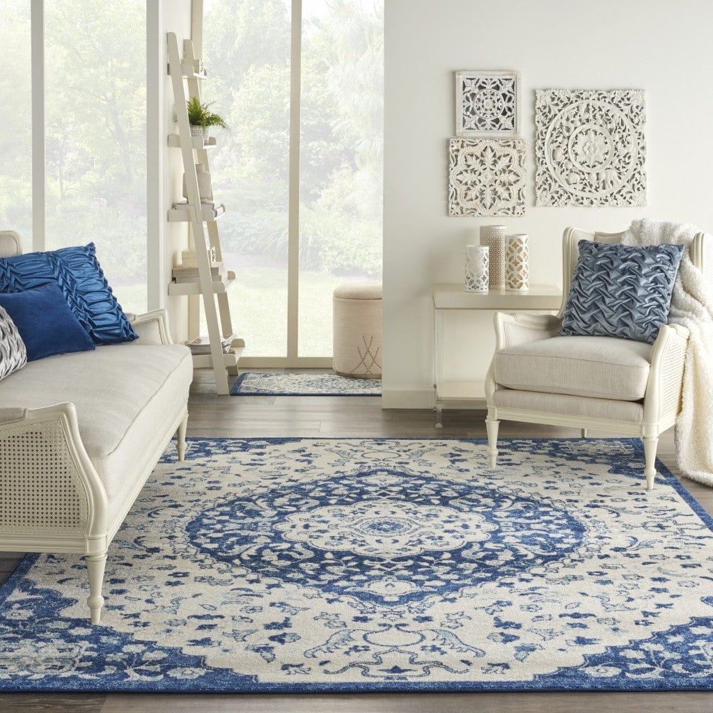 4’ X 6’ Ivory And Blue Medallion Area Rug