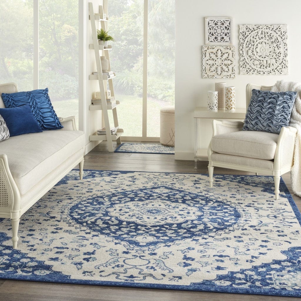 4’ X 6’ Ivory And Blue Medallion Area Rug