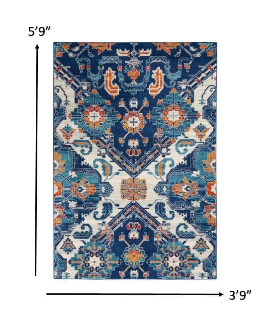 4’ X 6’ Blue And Ivory Persian Patterns Area Rug