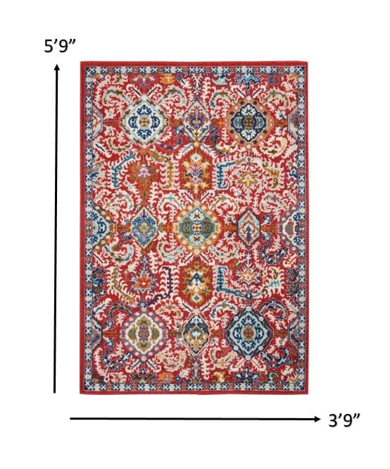 4’ X 6’ Red And Multicolor Decorative Area Rug