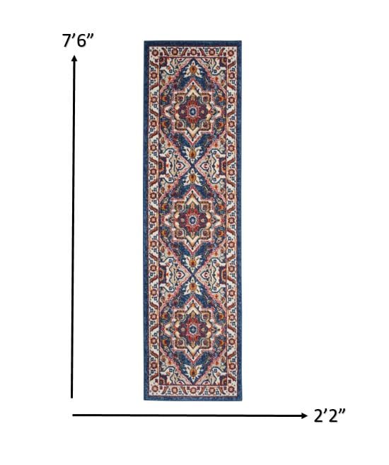 2’ X 8’ Blue And Ruby Medallion Runner Rug
