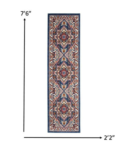 2’ X 8’ Blue And Ruby Medallion Runner Rug
