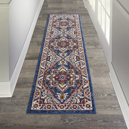 2’ X 8’ Blue And Ruby Medallion Runner Rug