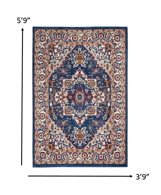 4’ X 6’ Blue And Ruby Medallion Area Rug
