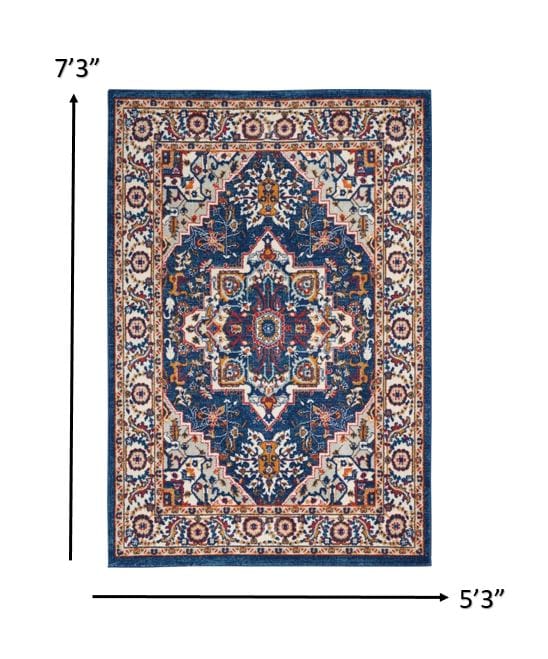 4’ X 6’ Blue And Ruby Medallion Area Rug