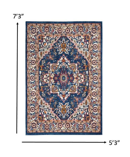 4’ X 6’ Blue And Ruby Medallion Area Rug