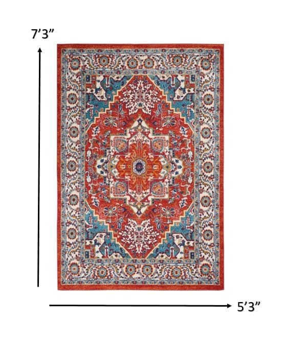 5’ X 7’ Red And Ivory Medallion Area Rug