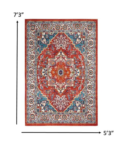 5’ X 7’ Red And Ivory Medallion Area Rug