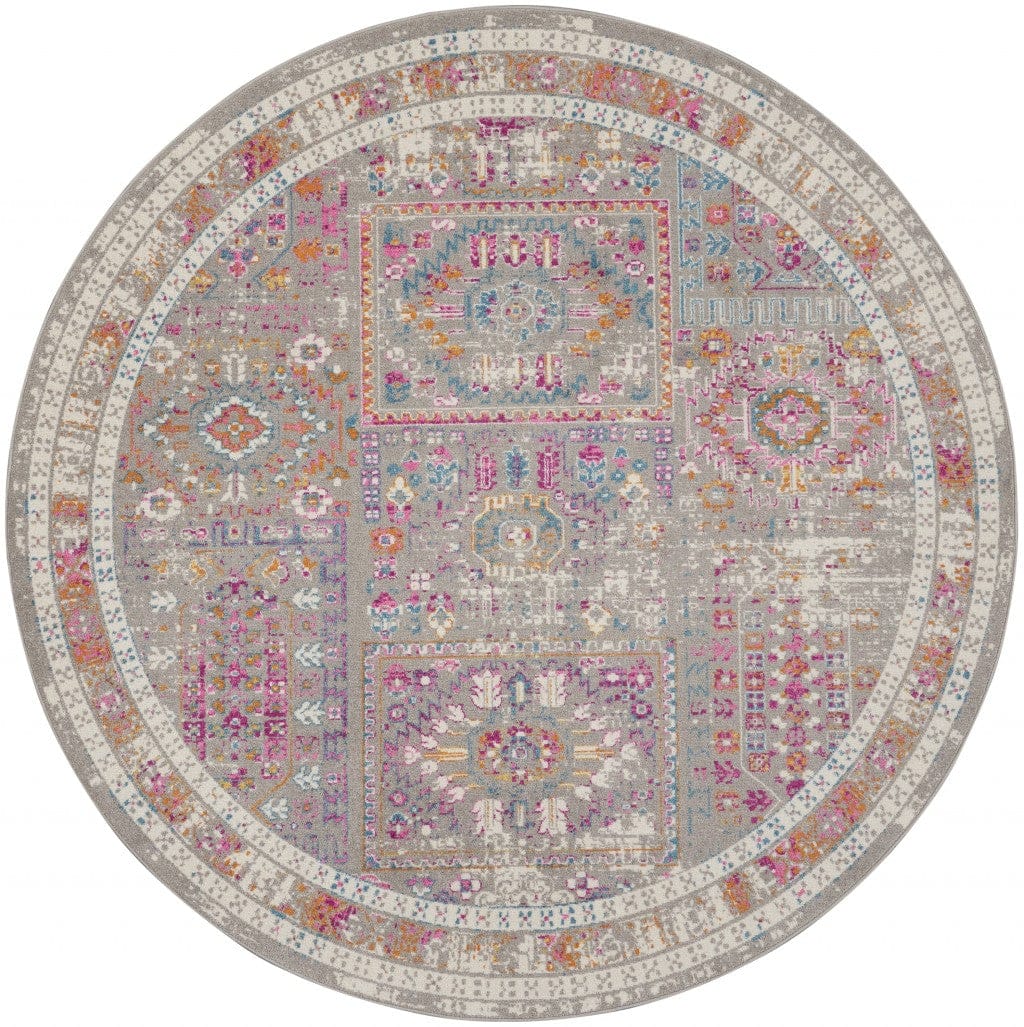 5’ Round Gray Distressed Ornamental Area Rug