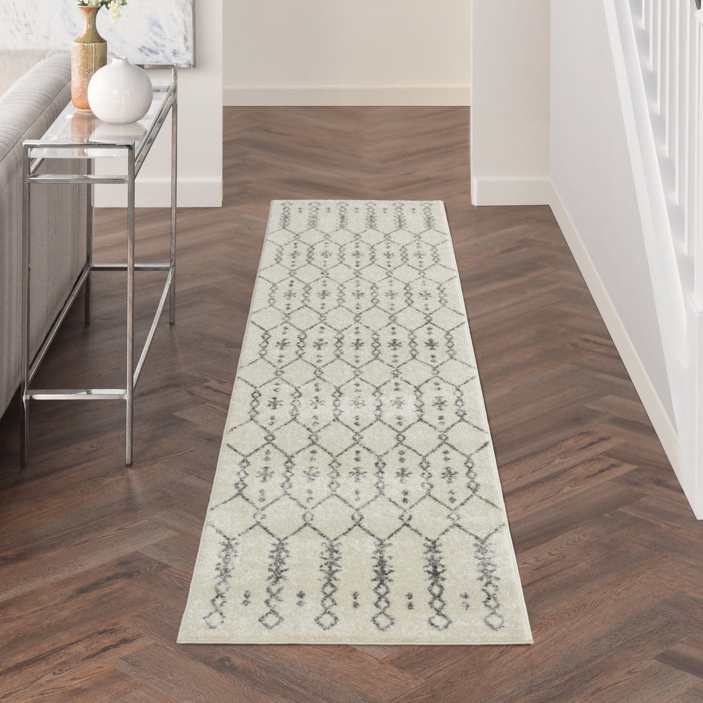 2’ X 10’ Ivory And Gray Geometric Runner Rug