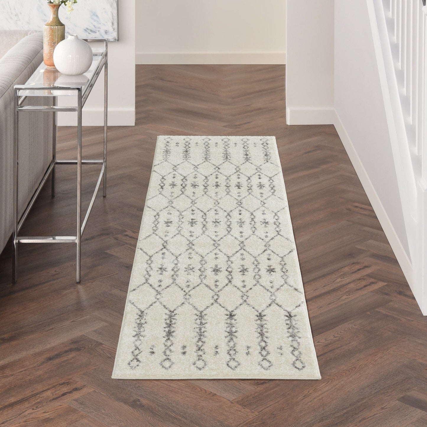 2’ X 10’ Ivory And Gray Geometric Runner Rug