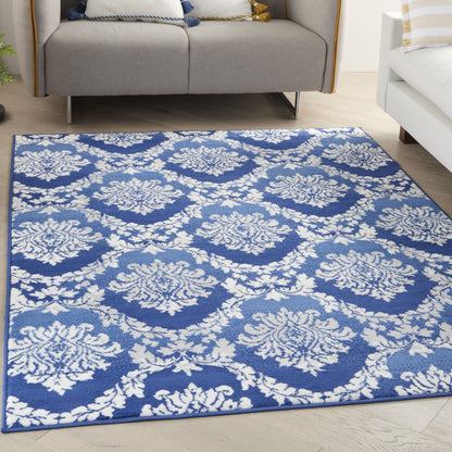 4’ X 6’ Blue And Ivory Damask Area Rug