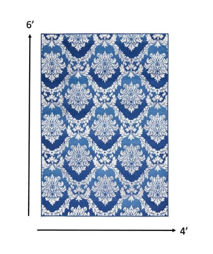 4’ X 6’ Blue And Ivory Damask Area Rug