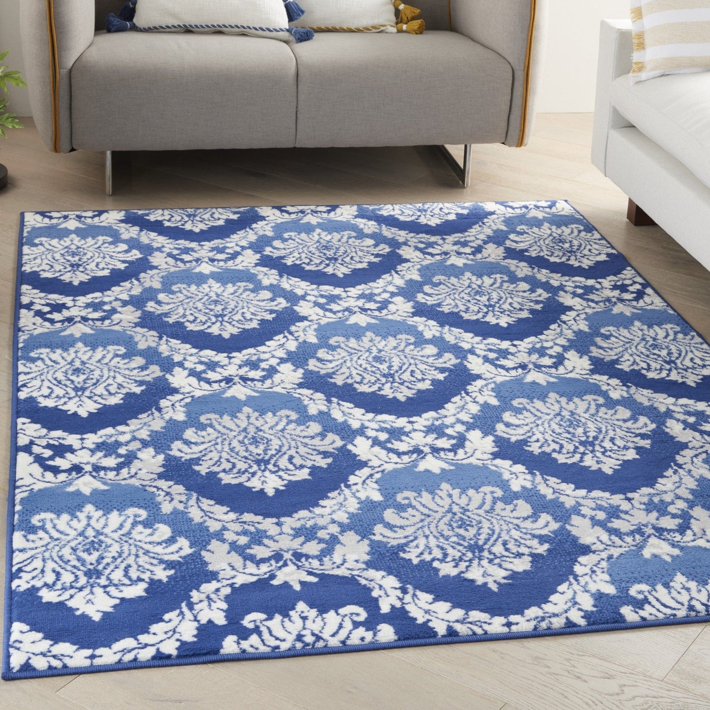4’ X 6’ Blue And Ivory Damask Area Rug