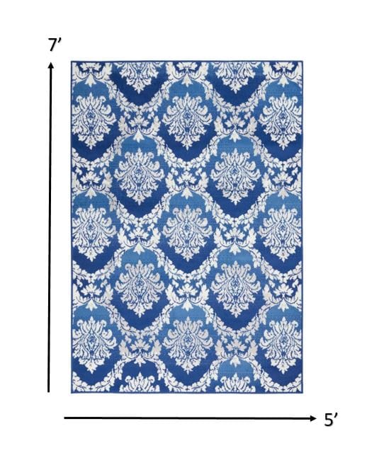 4’ X 6’ Blue And Ivory Damask Area Rug