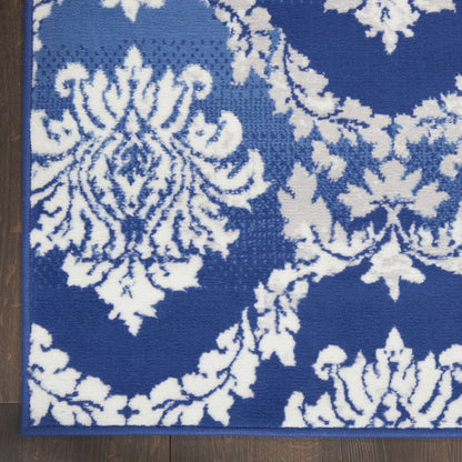 4’ X 6’ Blue And Ivory Damask Area Rug