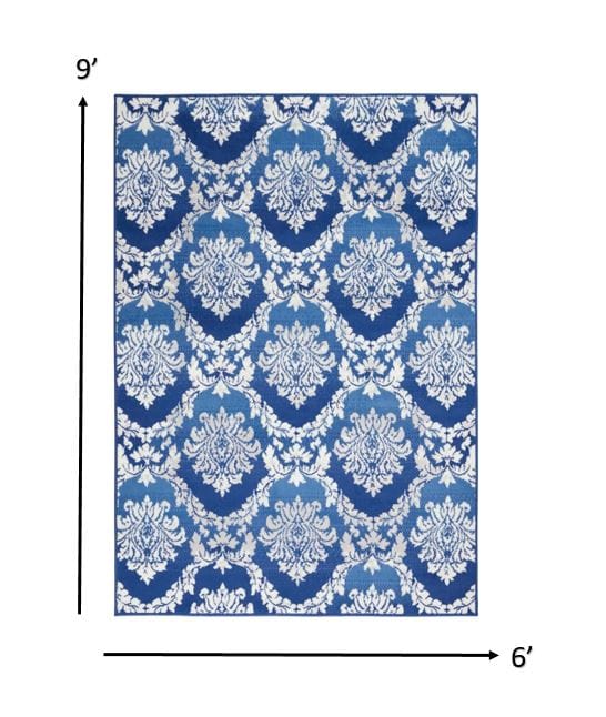 4’ X 6’ Blue And Ivory Damask Area Rug