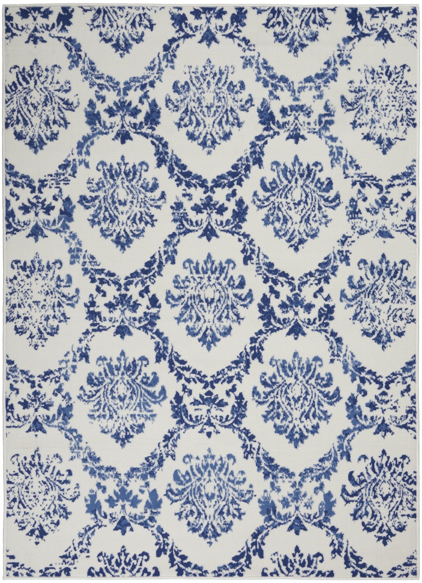 4’ X 6’ Blue And Ivory Damask Area Rug